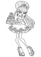 kolorowanki monster high, malowanka Draculaura w urodzinowej kreacji z tortem w rączkach, obrazek dla dziewczynek do wydruku, obrazek do pokolorowania numer  38